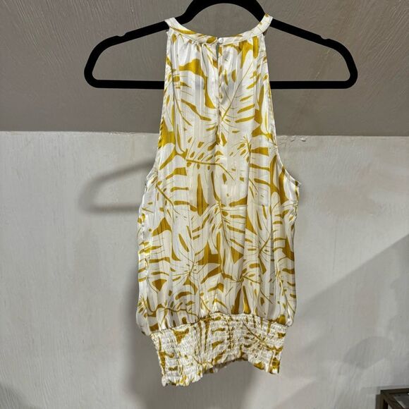 Joie Palm Leaf Print Smocked Waist Yellow and White Halter Top Blouse - Picture 7 of 9